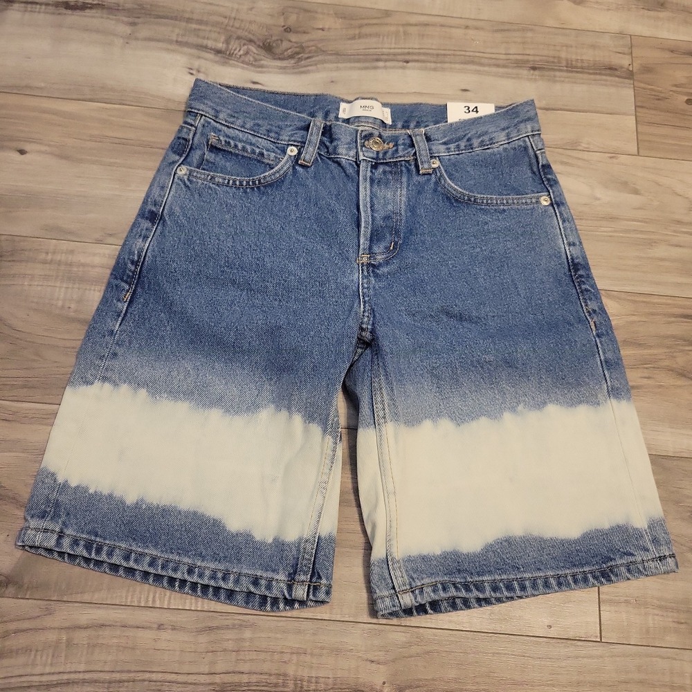 MNG Tie-Dye Bleach Long Bermuda Denim Jean Shorts Womens 2 100% Cotton NEW